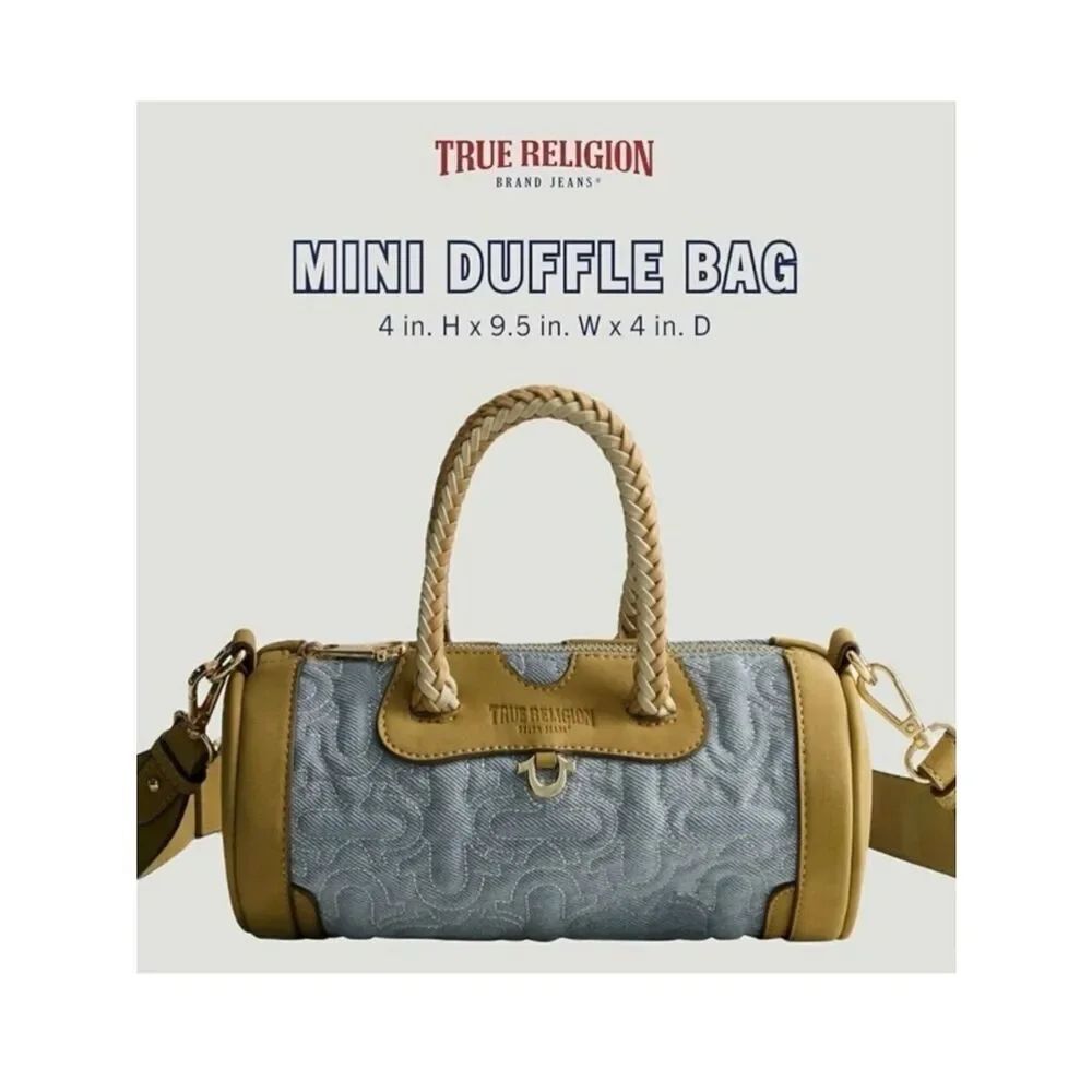 NWT True Religion Quilted Horseshoe Denim Mini Duffel Barrel Crossbody Bag
